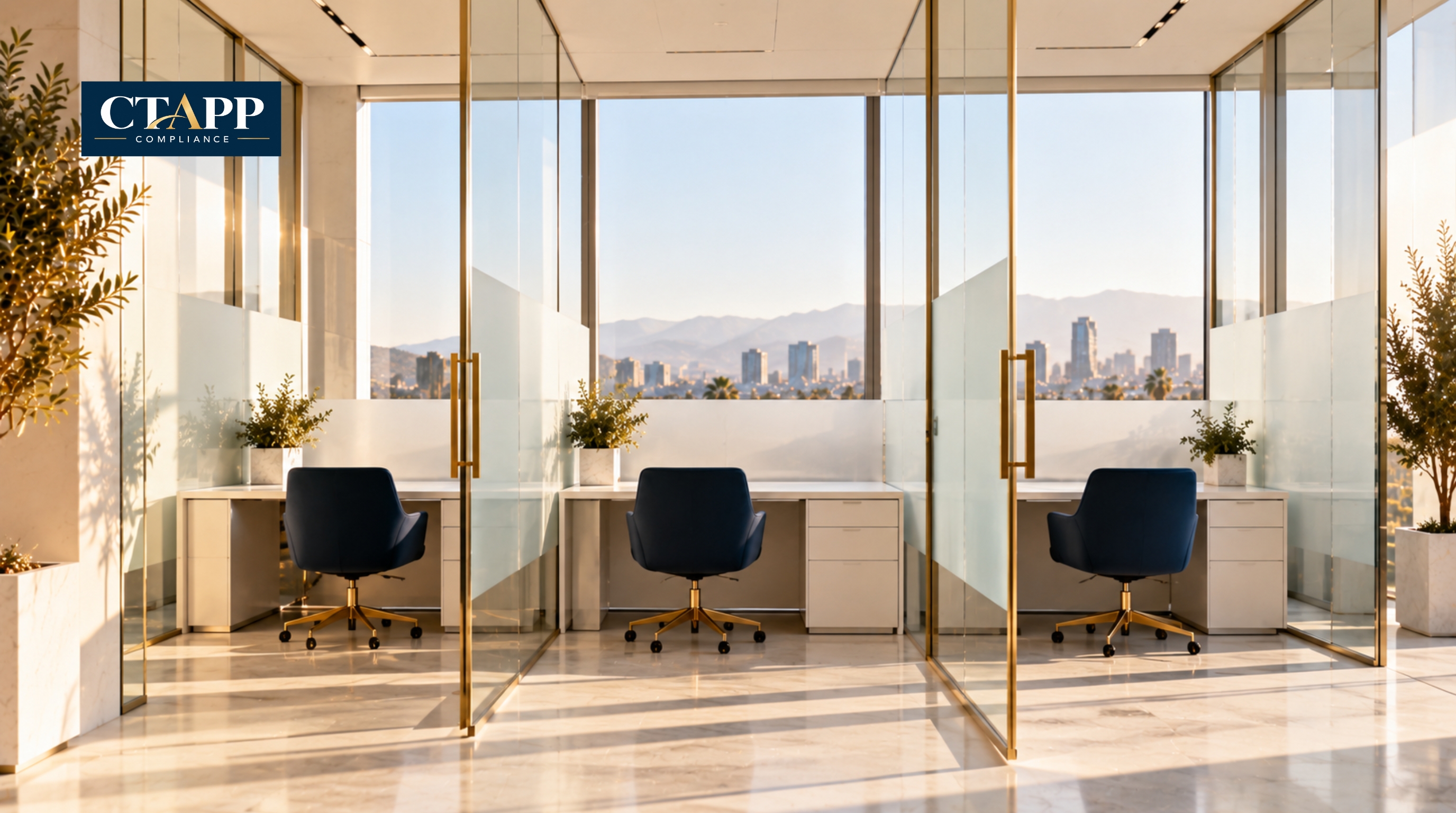 Three separate glass-walled workstations in a bright office
