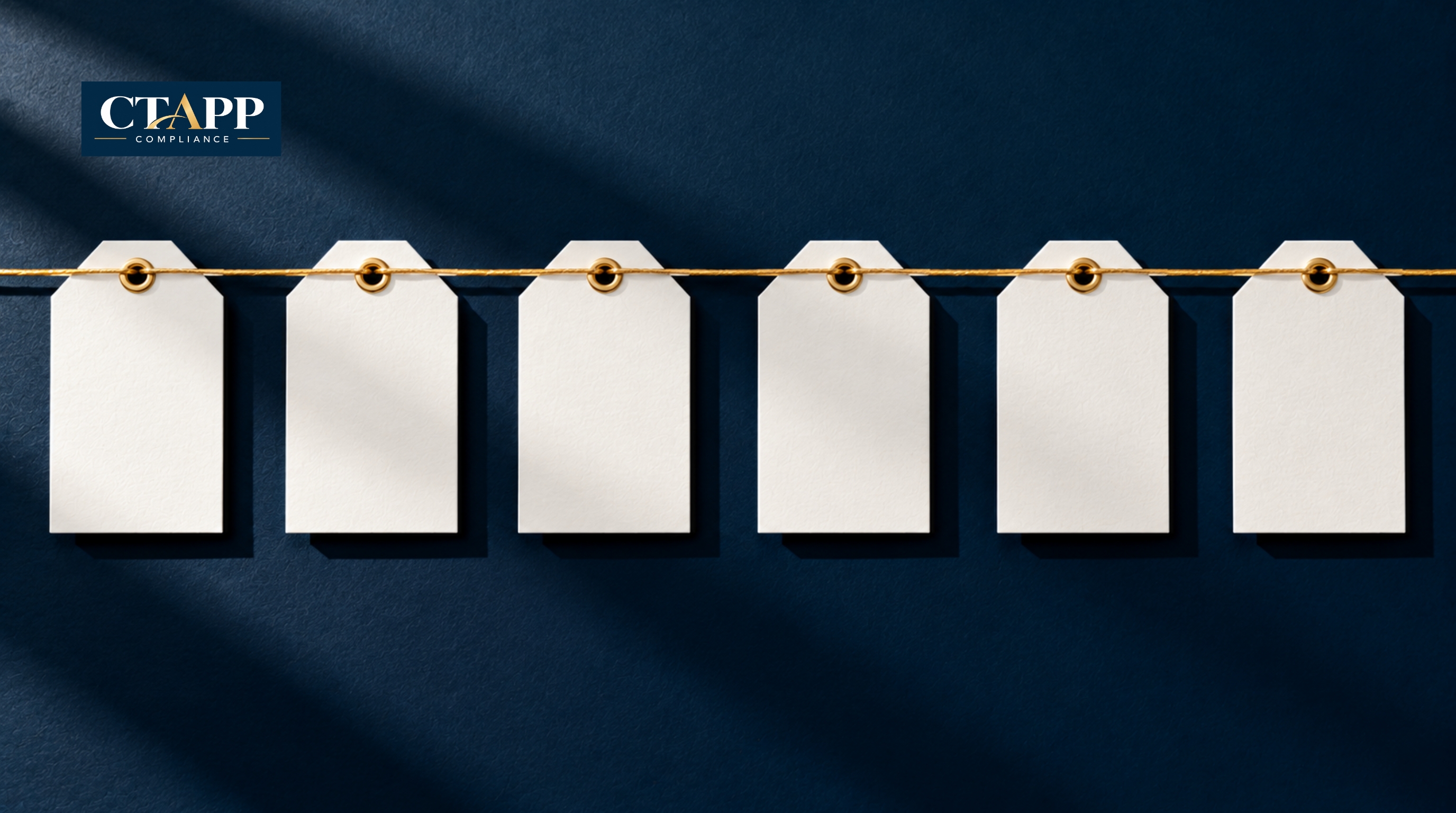 Gold thread running through a row of white tags on navy