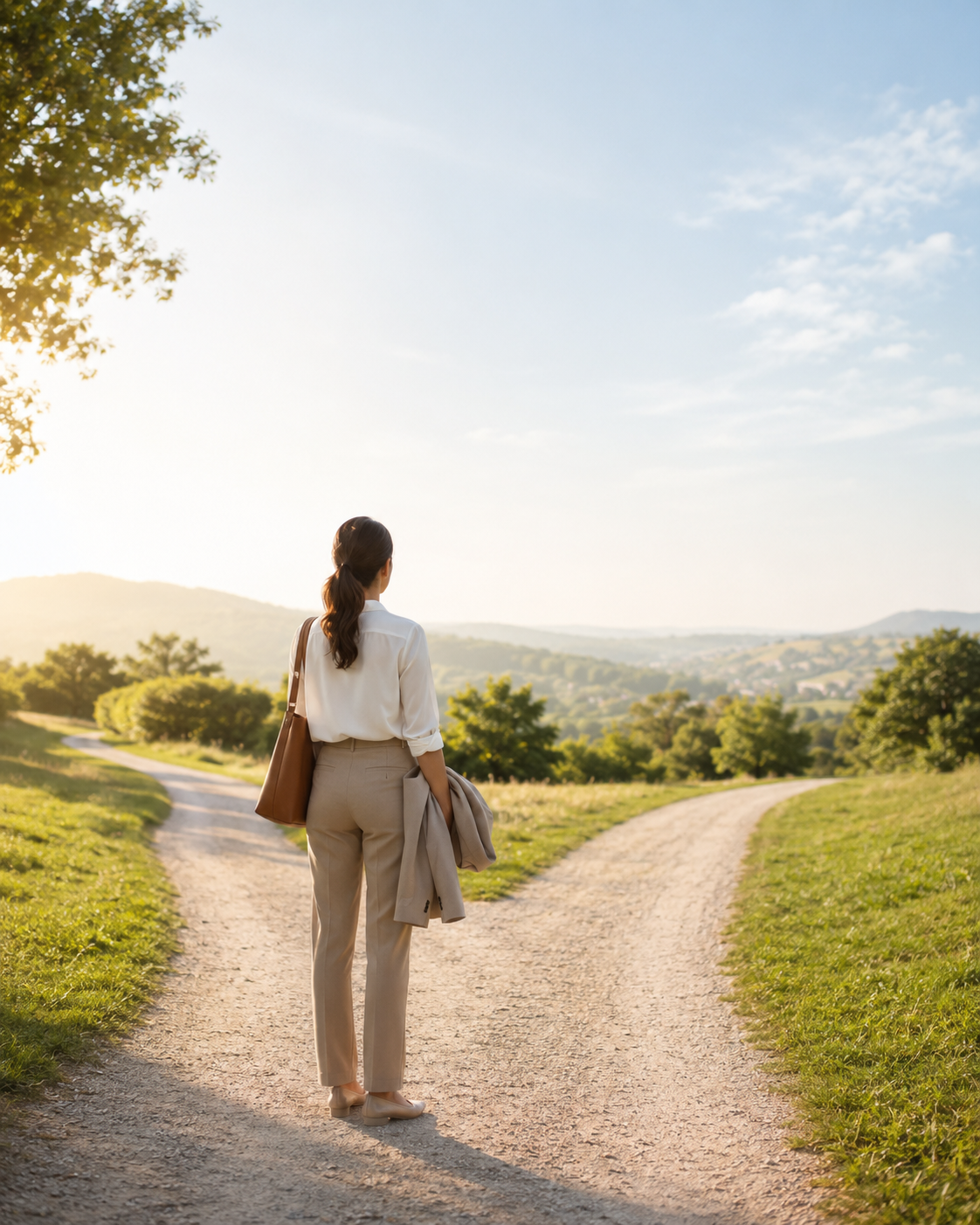A professional woman standing at a fork in the road and considering which path to take