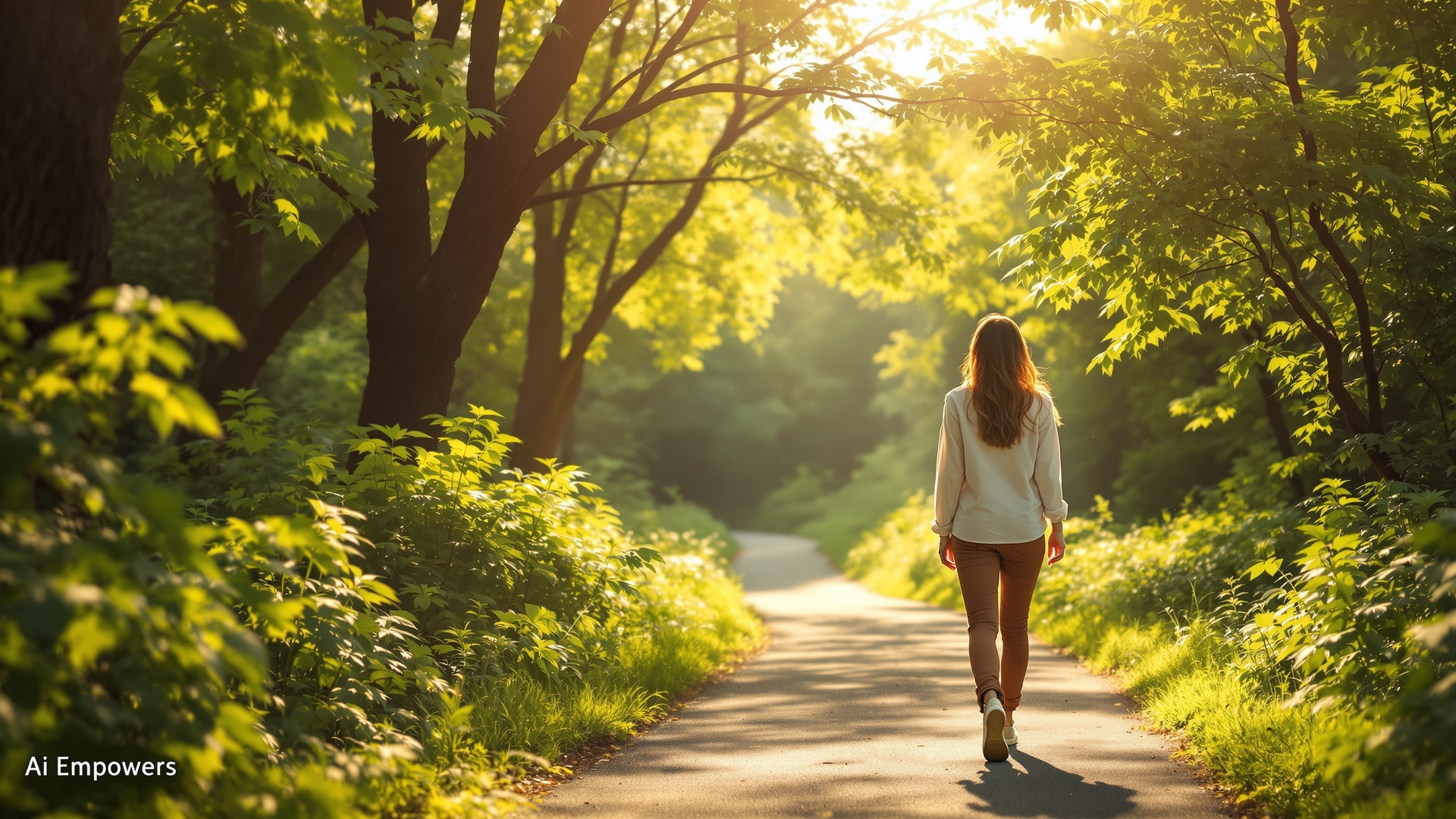 A Woman walking down a sunlit path remembering A Woman walking down a sunlit path remembering