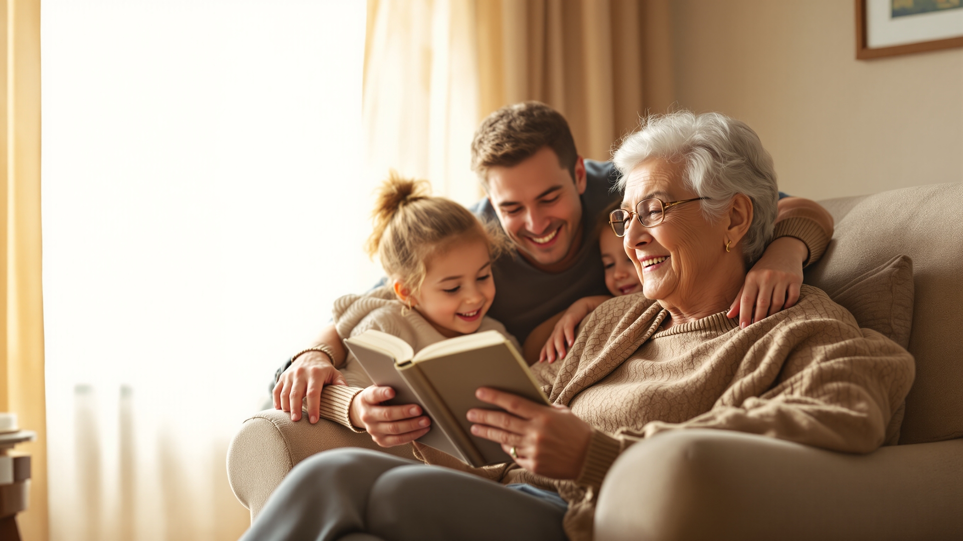 Grandmother reading her book t her children
