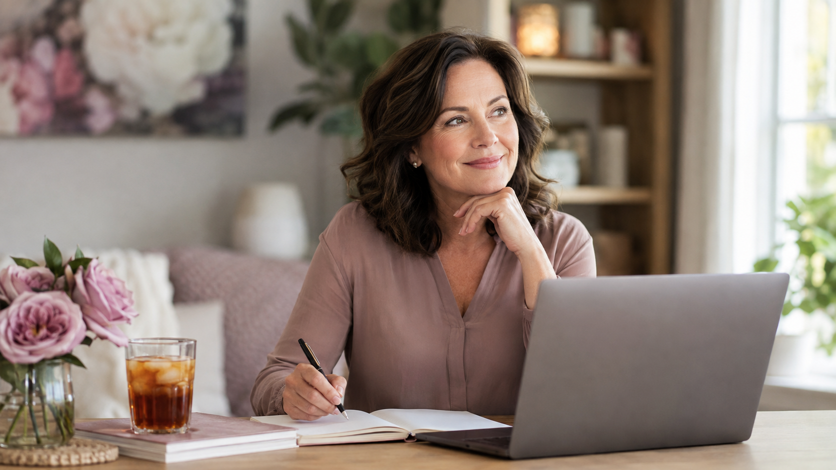 Middle aged woman sitting at a table with a laptop, notebook, iced tea, and flowers, reflecting while working in a warm home office and learning Ai.