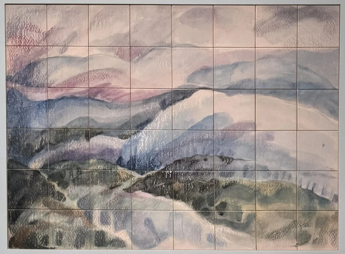 Watercolor landscape on ceramic tile