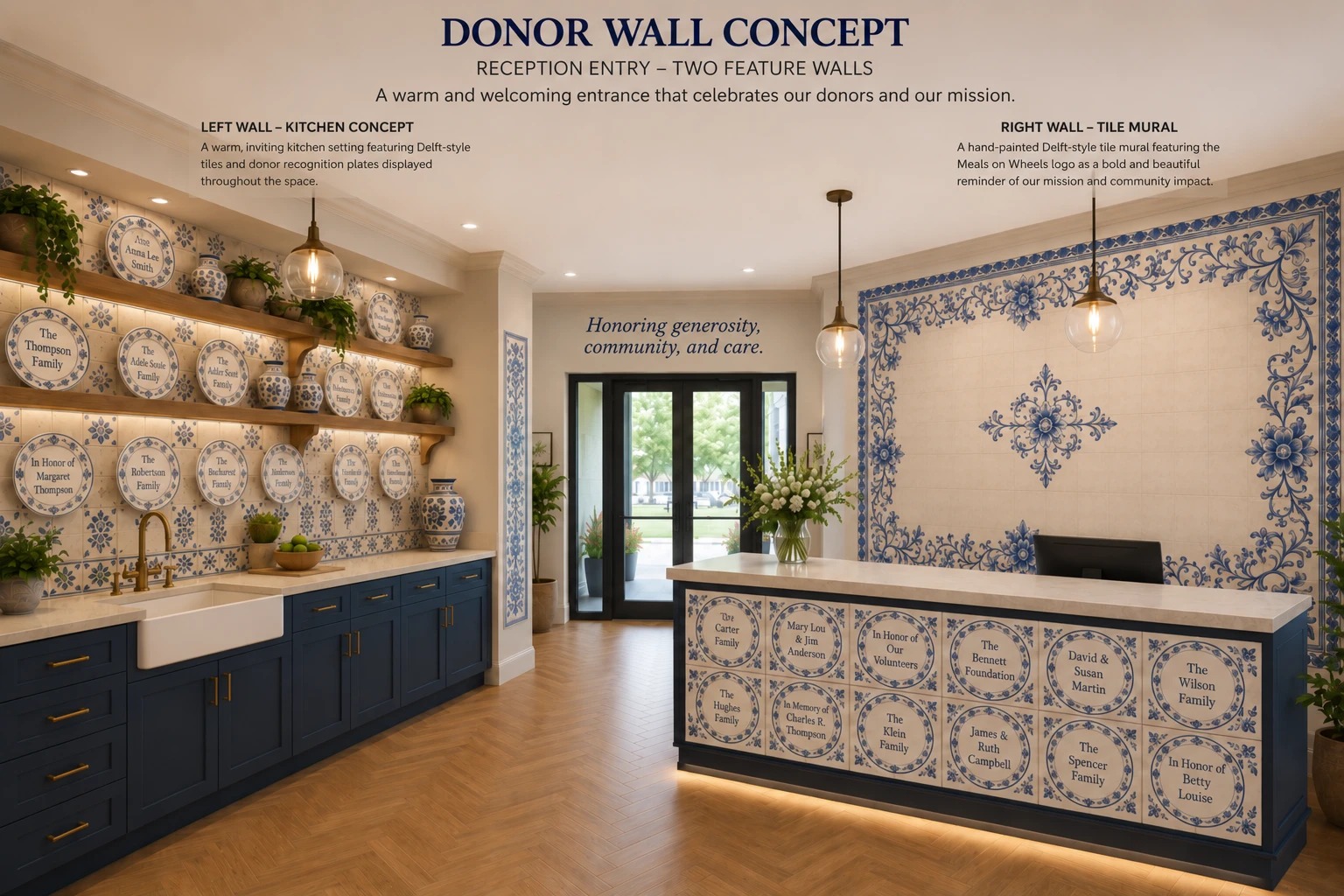 Donor Wall concept — reception entry with two tiled feature walls honoring donors