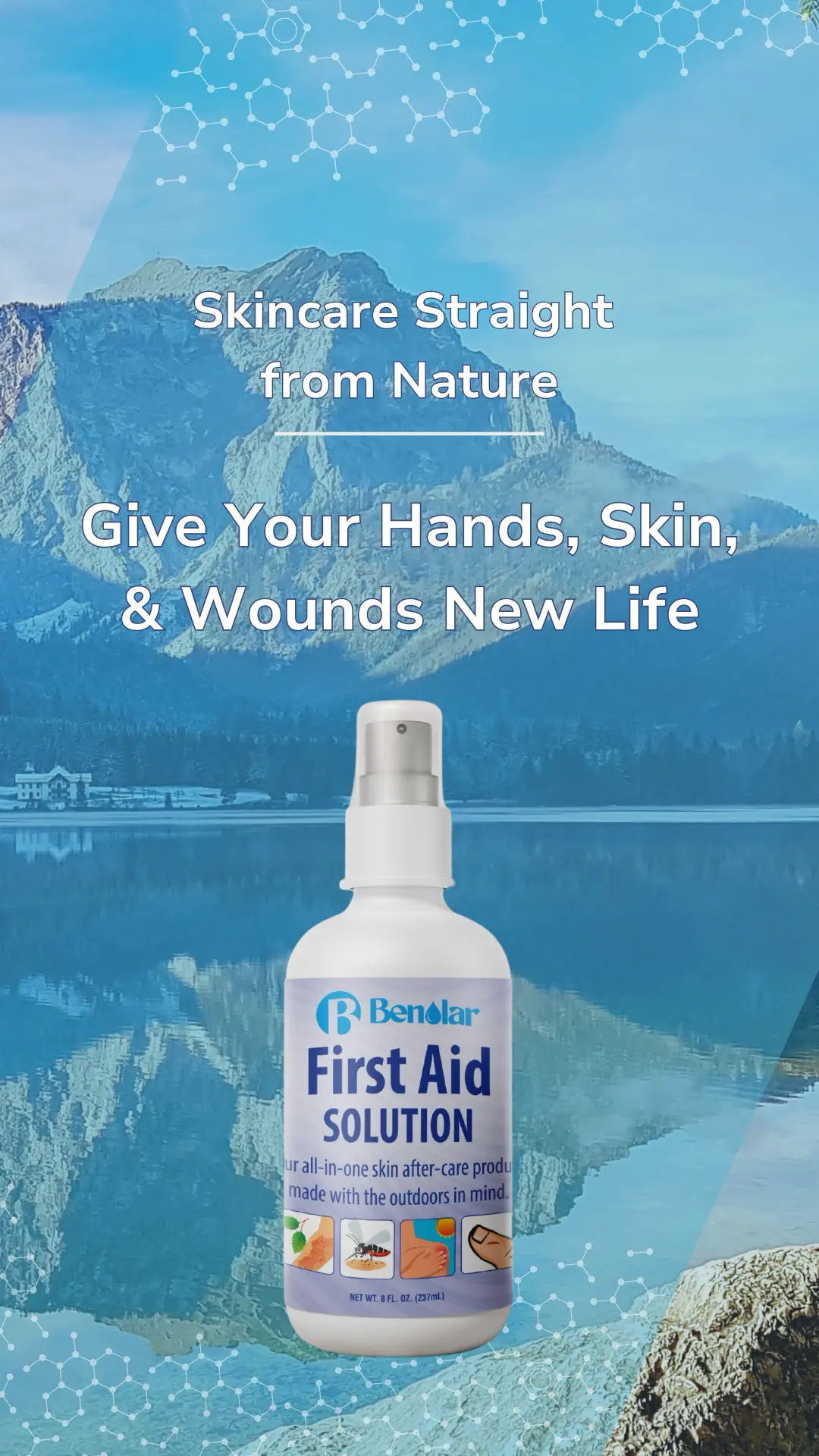 Bottle of Benolar First Aid Solution. healing skincare straight from nature