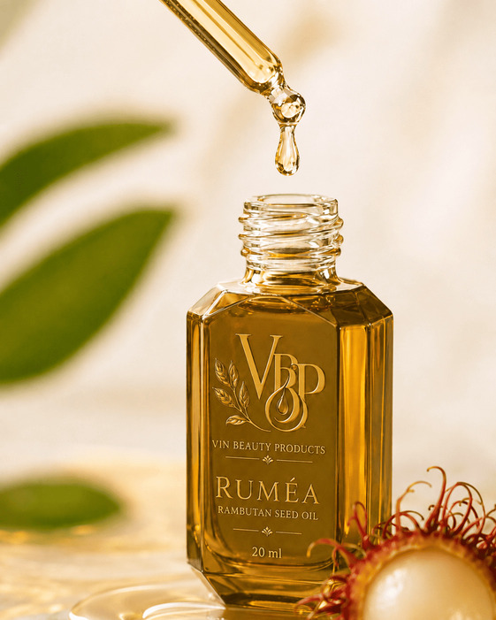 RUMÉA rambutan seed oil bottle, full bleed styled photo