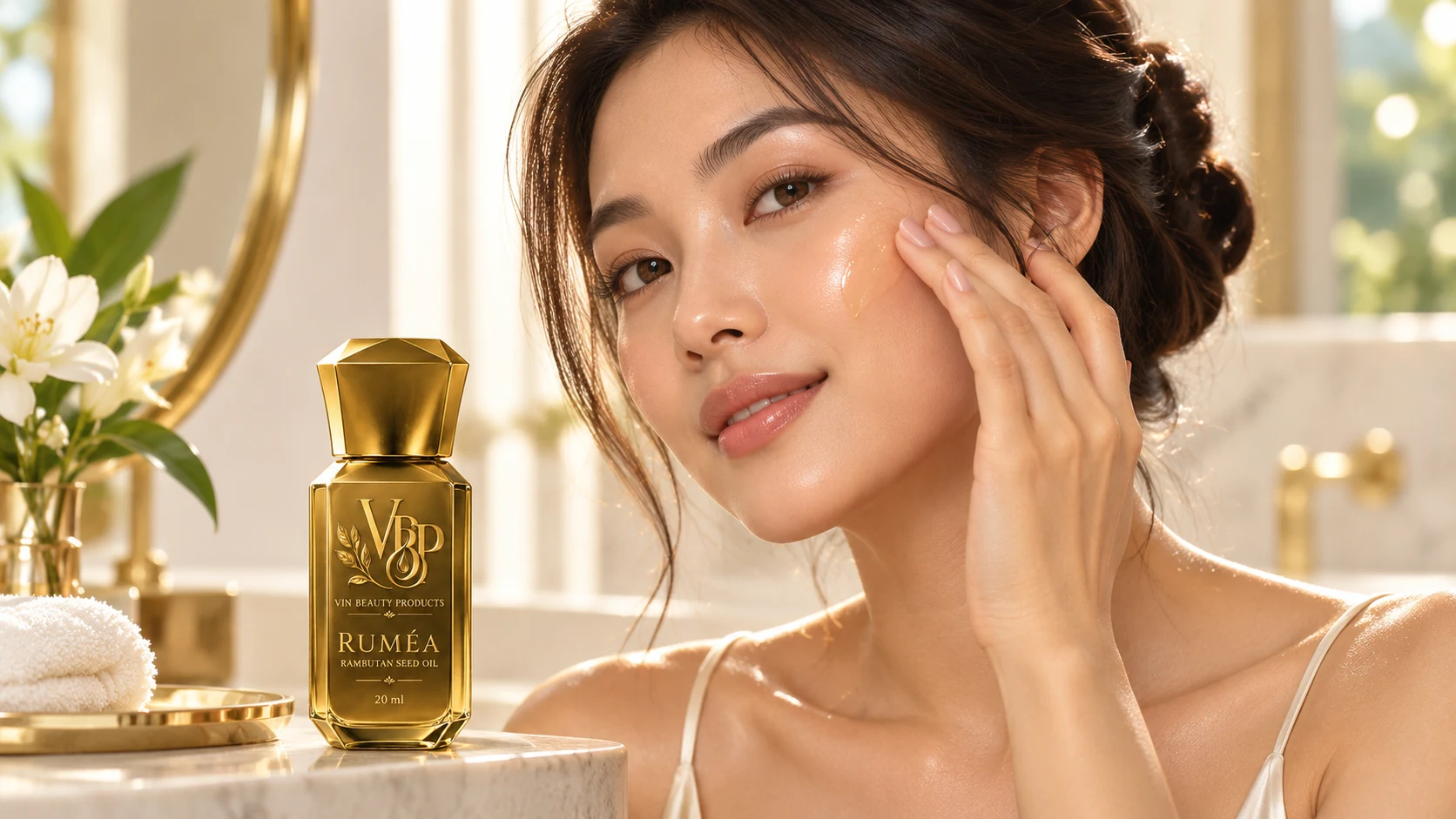 Woman applying RUMÉA rambutan seed oil at a bright vanity