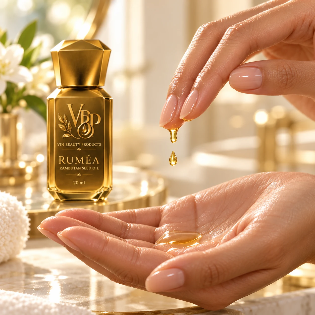 A few drops of golden rambutan seed oil in the palm