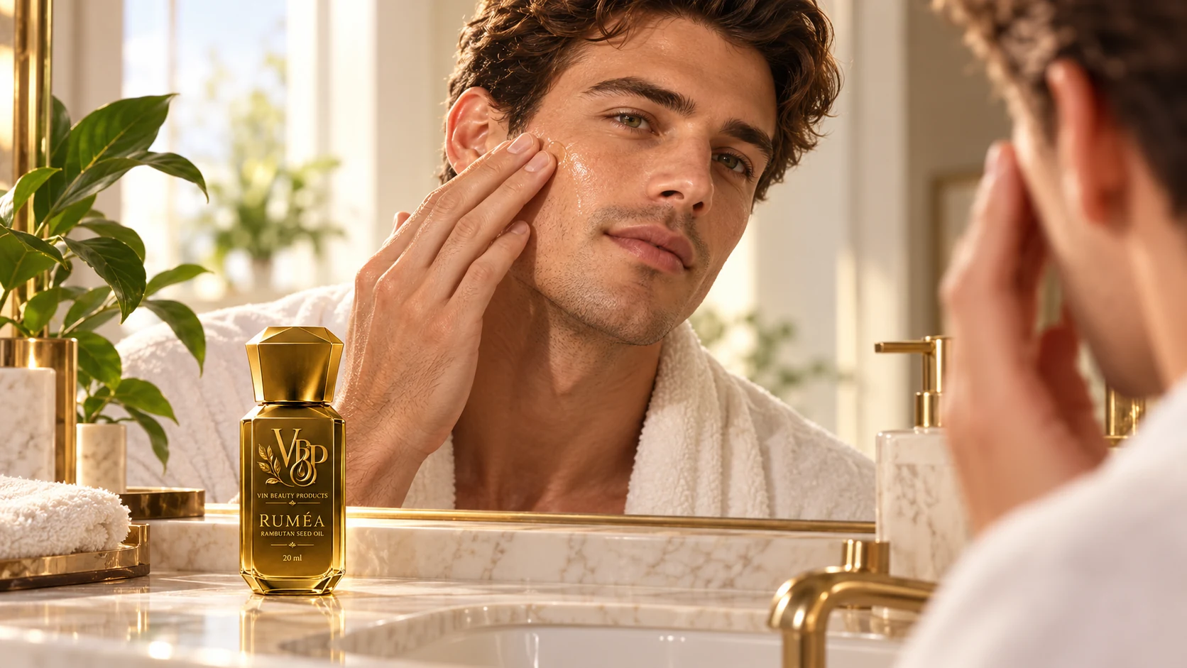 Morning skincare application with RUMÉA at a bright vanity