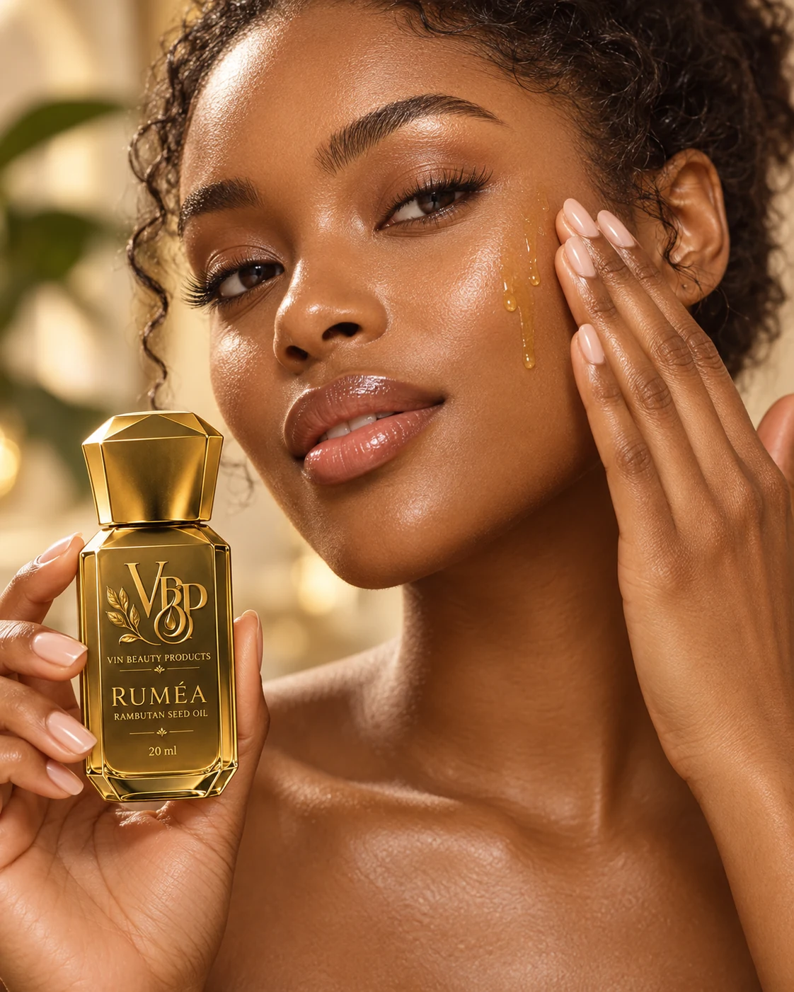 Woman pressing RUMÉA oil into her face