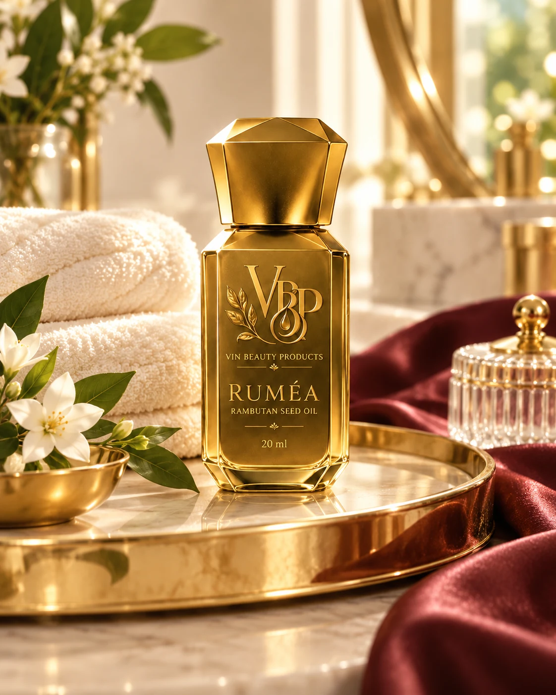 RUMÉA bottle on a vanity with burgundy silk and fresh botanicals