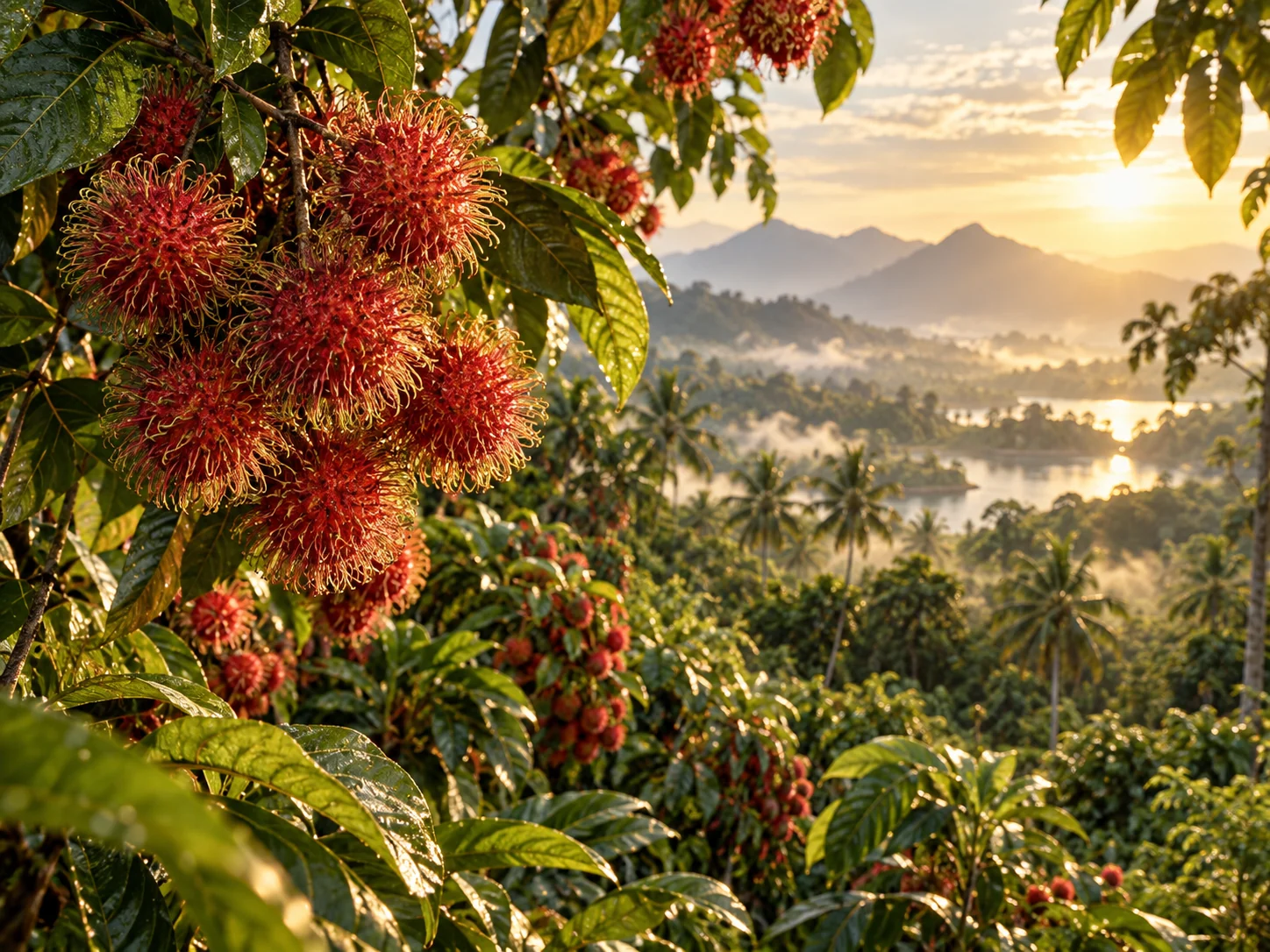 Rambutan growing in a lush tropical landscape