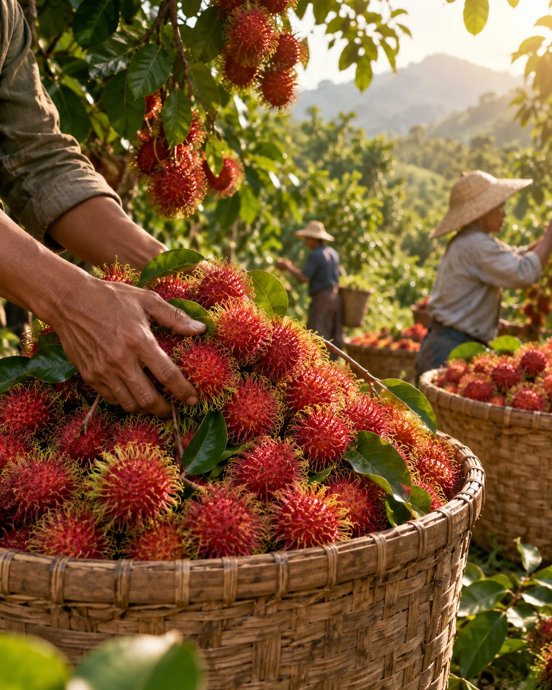 Rambutan harvest with baskets of fresh fruit in a tropical orchard