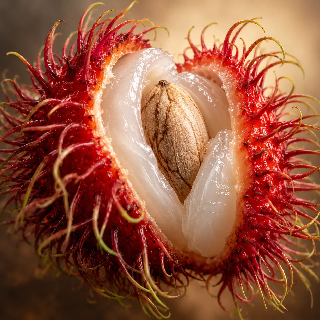 Golden rambutan seed oil droplets with fresh rambutan