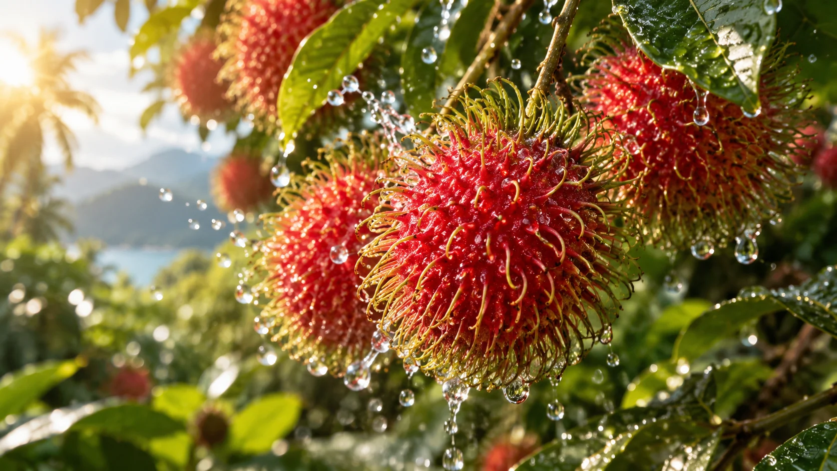 Fresh ripe rambutan fruit on the tree in tropical sunlight