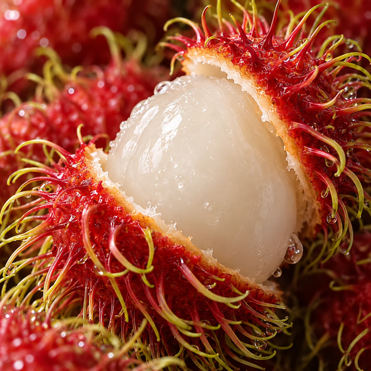 Opened rambutan showing glossy translucent flesh and seed
