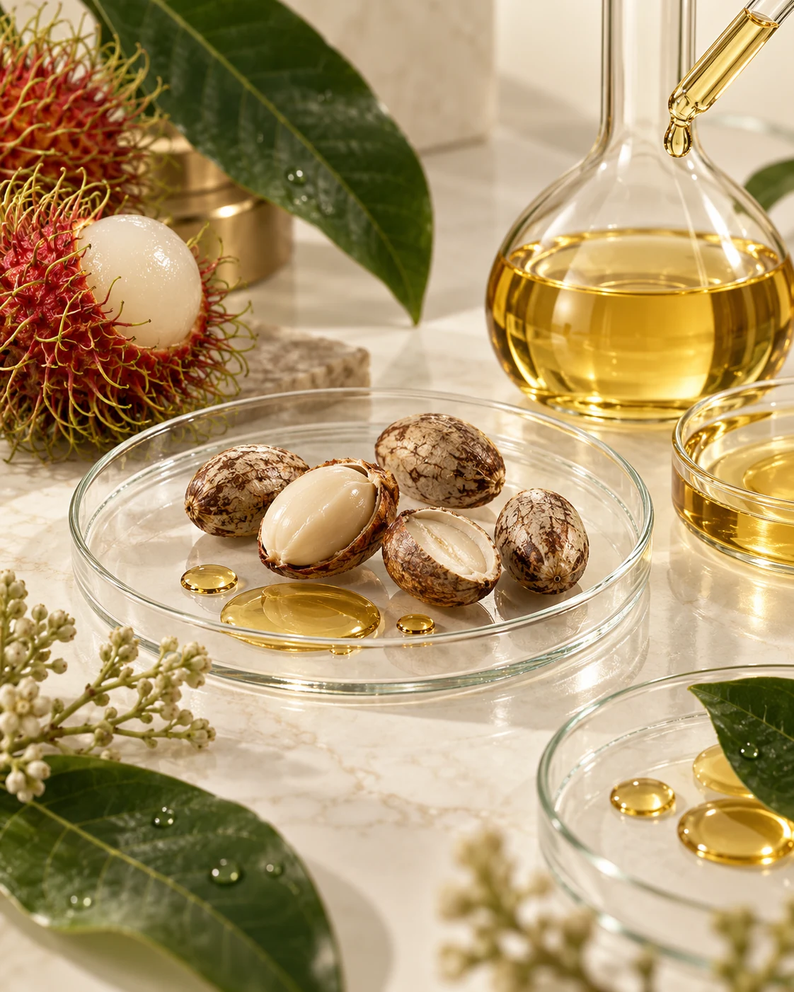 Rambutan seeds, golden oil and laboratory glassware