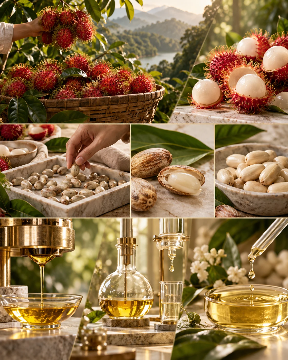 Progression from rambutan fruit to seed preparation to golden oil