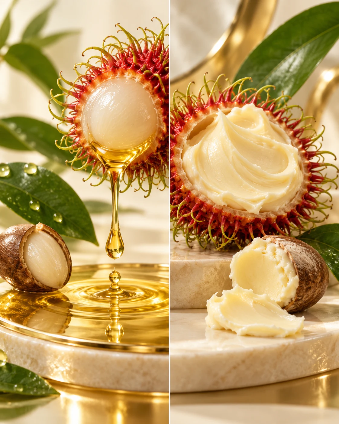 Golden rambutan seed oil beside a rich butter-like botanical texture
