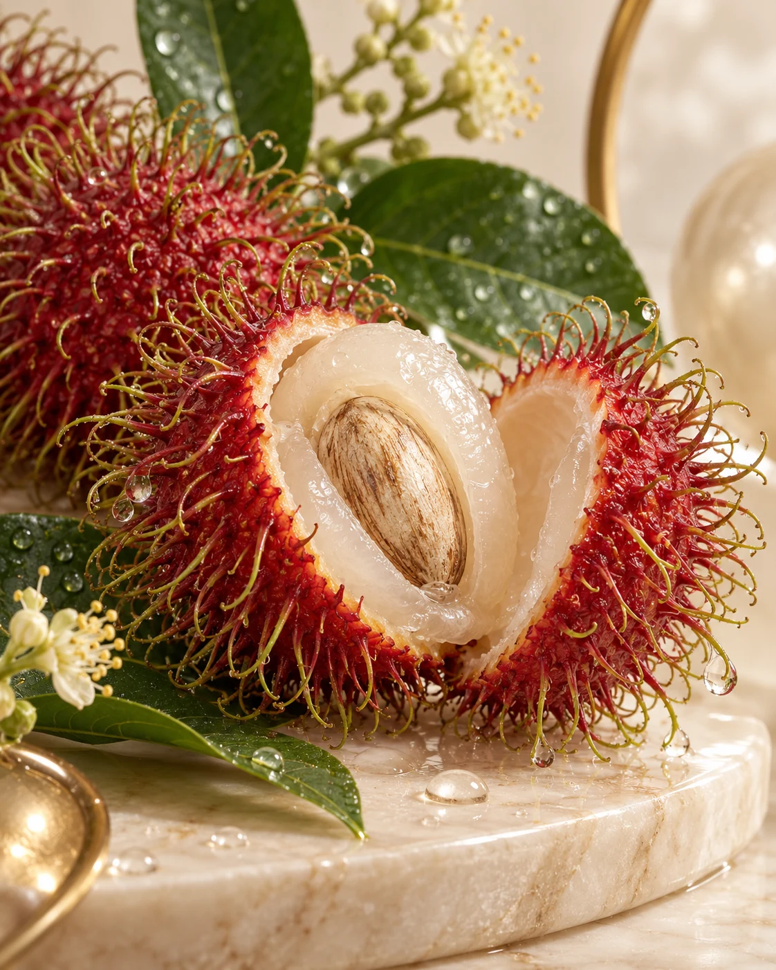 Close-up of rambutan opened to reveal its seed