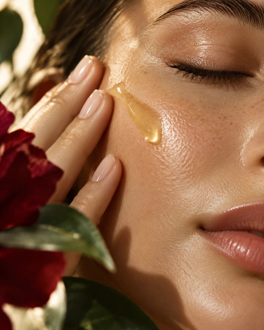 Woman applying a small amount of golden facial oil