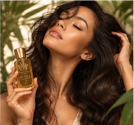 Smoothing RUMÉA Rambutan Seed Oil through the ends of the hair