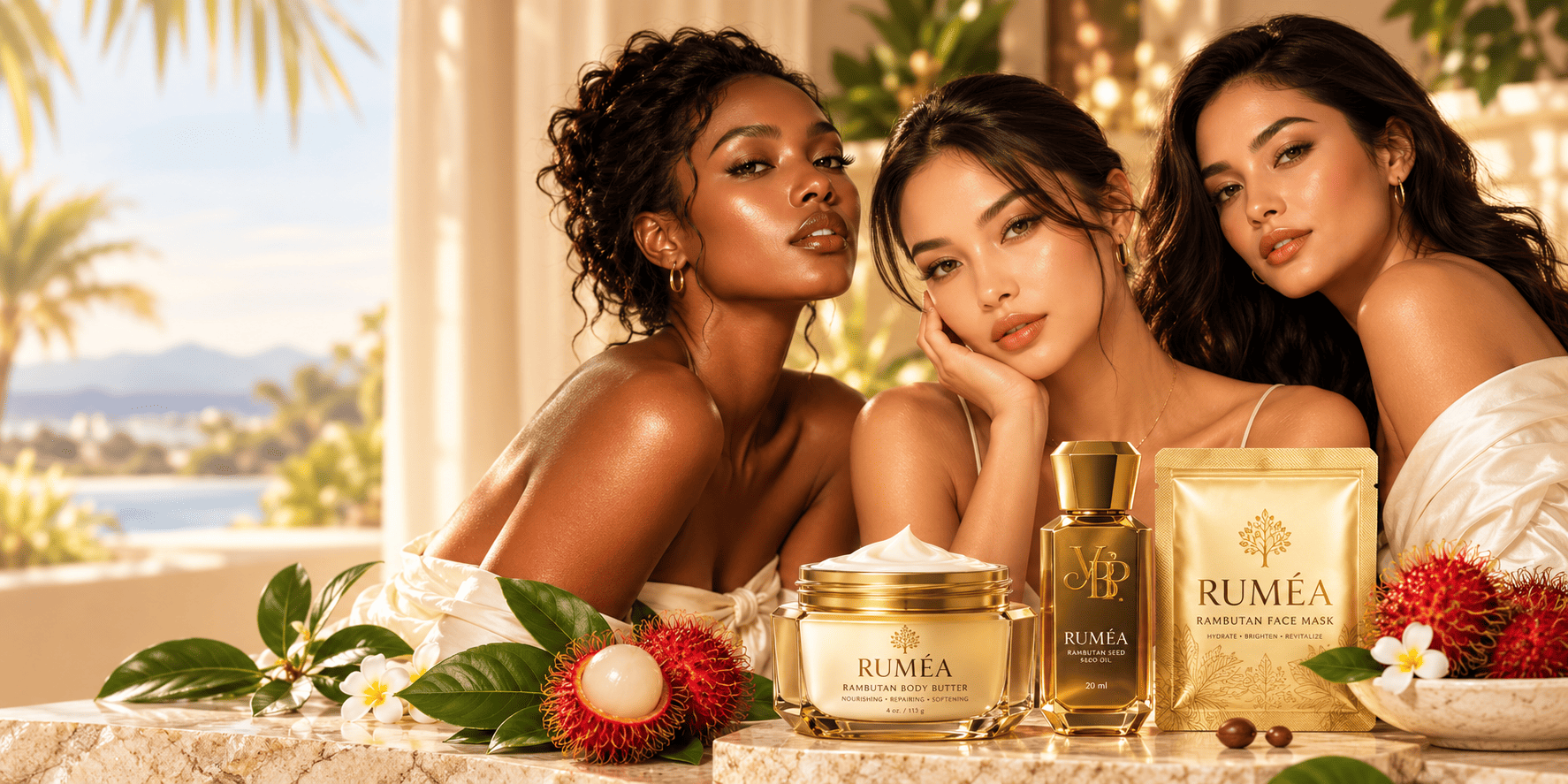 RUMÉA rambutan seed oil, body butter and face mask with fresh rambutan fruit