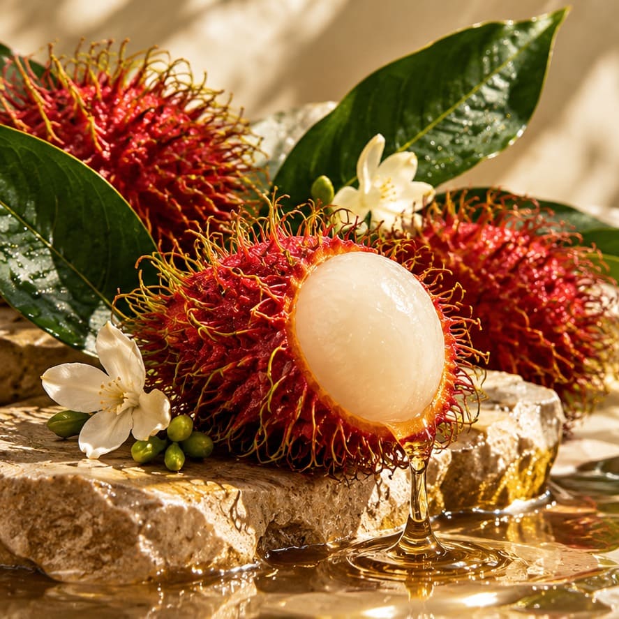 Fresh rambutan fruit with tropical leaves and blossoms