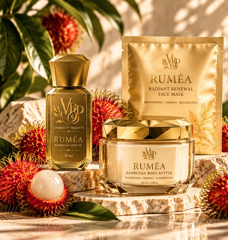 RUMÉA Rambutan Seed Oil, Body Butter and Face Mask together with fresh rambutan