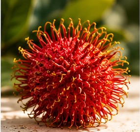Whole rambutan fruit with red spiny shell