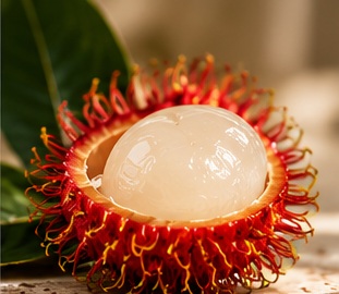 Opened rambutan showing translucent white flesh