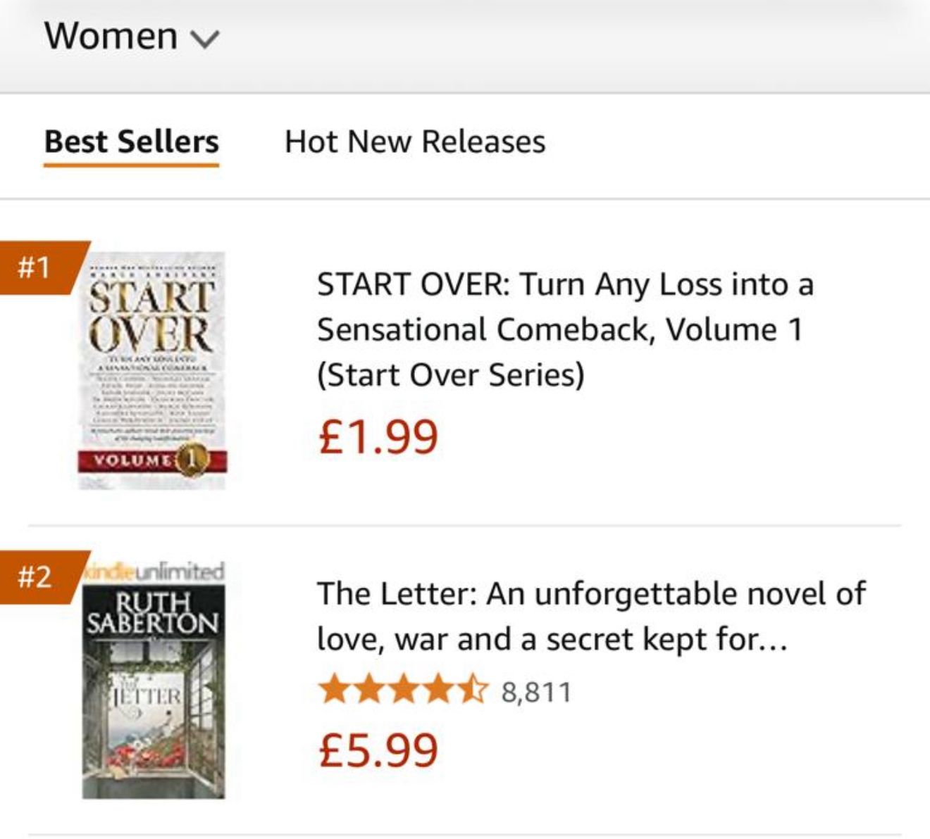 Amazon Best Sellers chart, Women category, with Start Over Volume 1 at number one