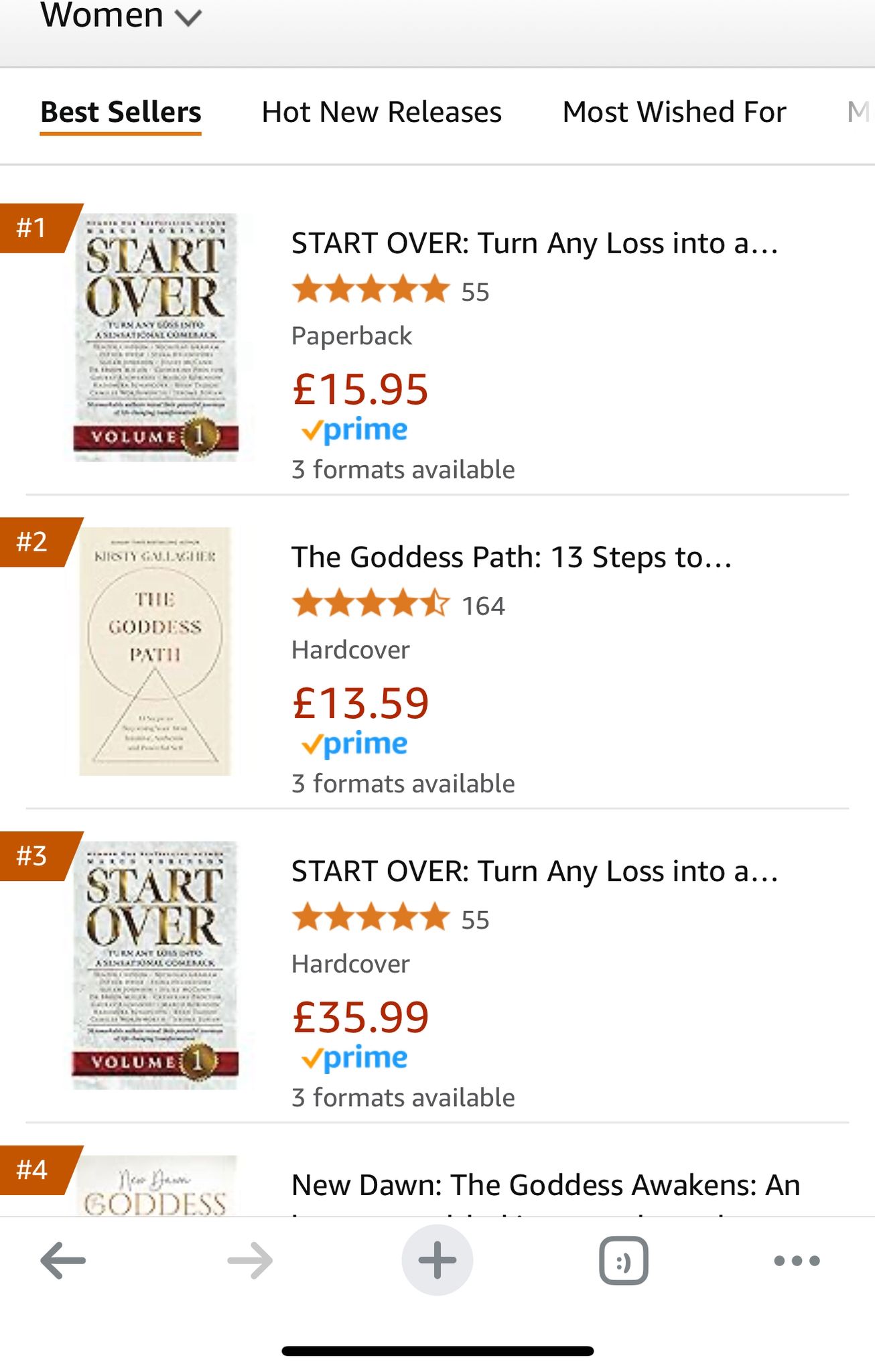 Amazon Best Sellers chart, Women category, with Start Over Volume 1 paperback at number one and hardcover at number three