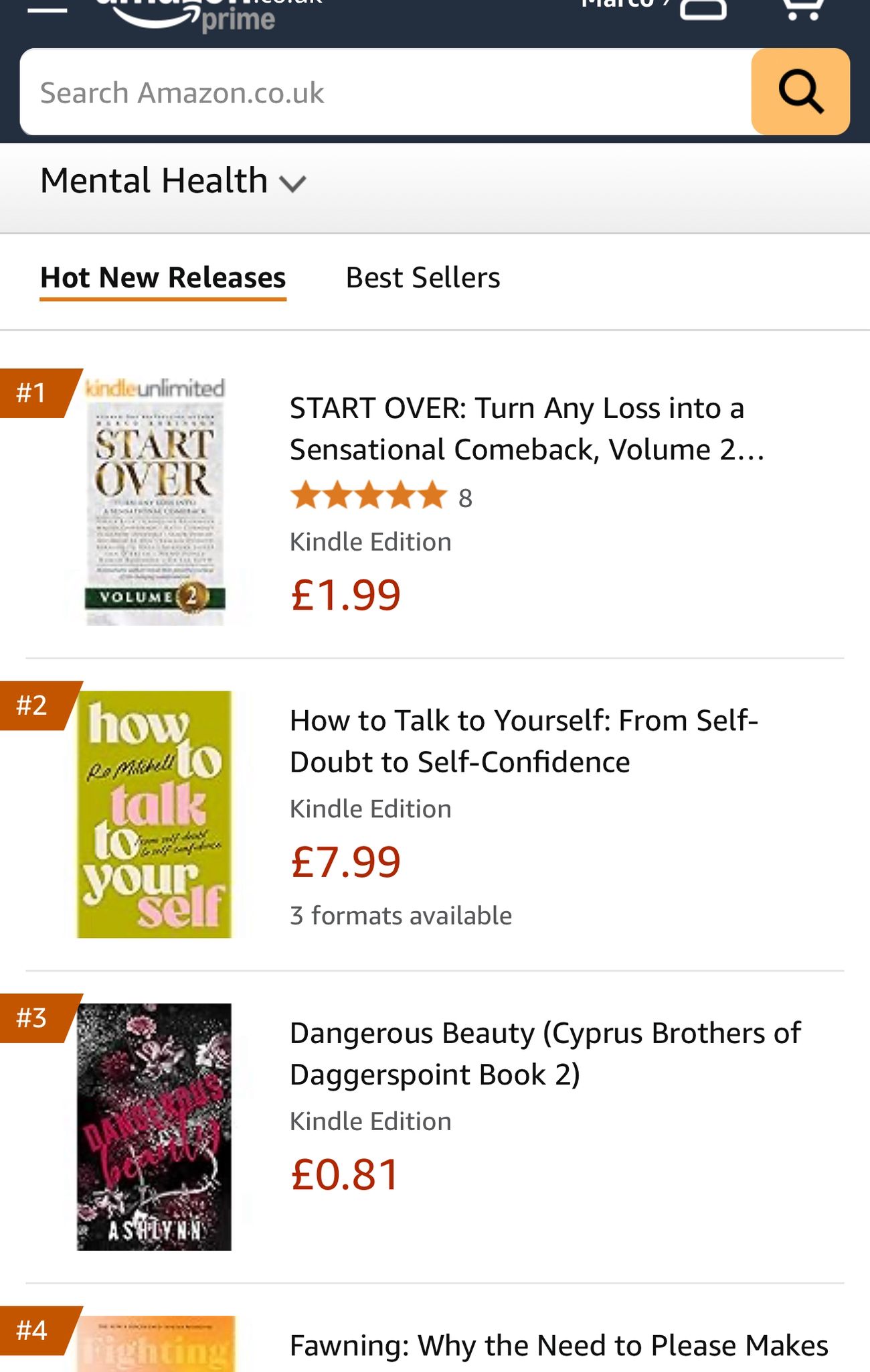 Amazon Hot New Releases chart, Mental Health category, with Start Over Volume 2 at number one