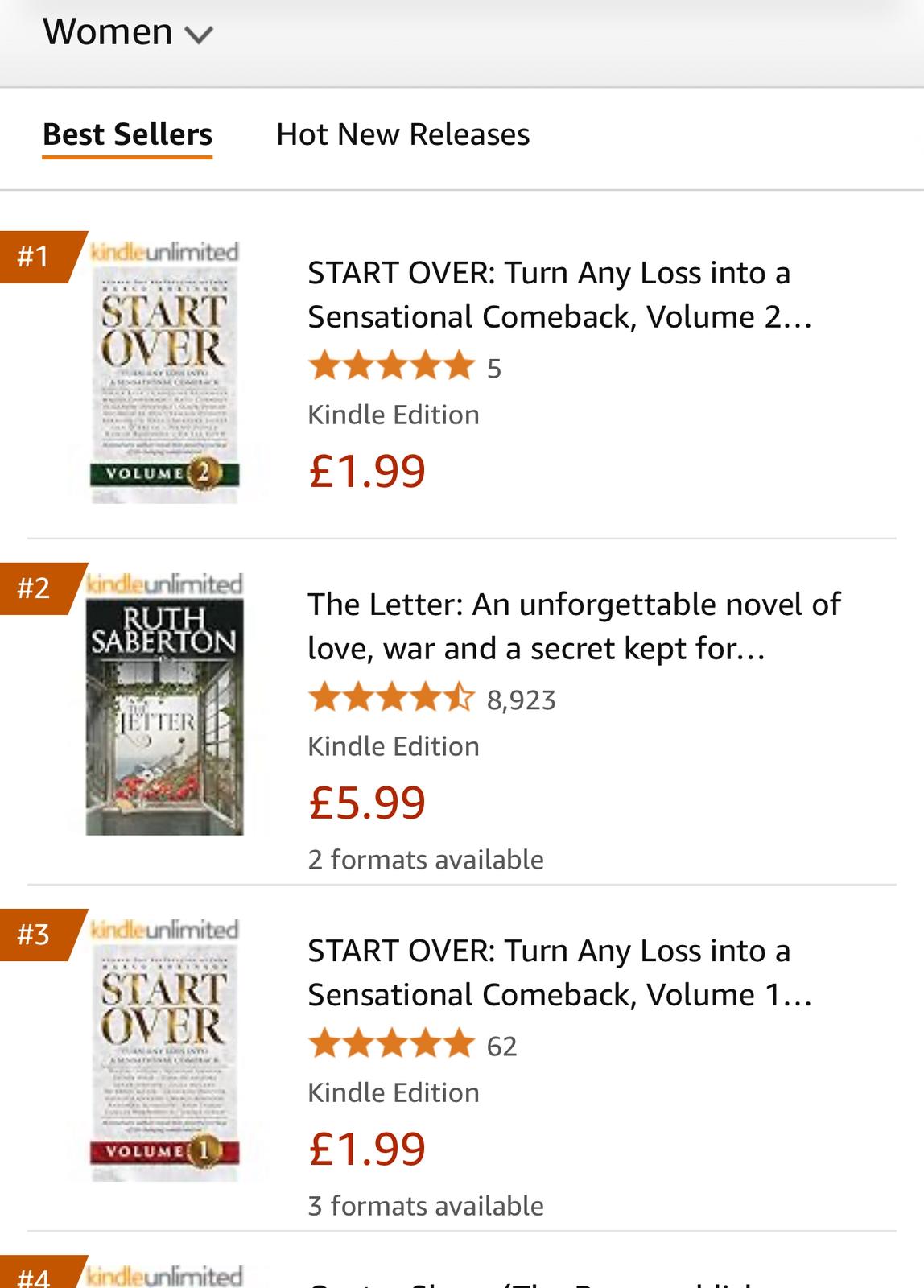 Amazon Best Sellers chart, Women category, with Start Over Volume 2 at number one and Volume 1 at number three