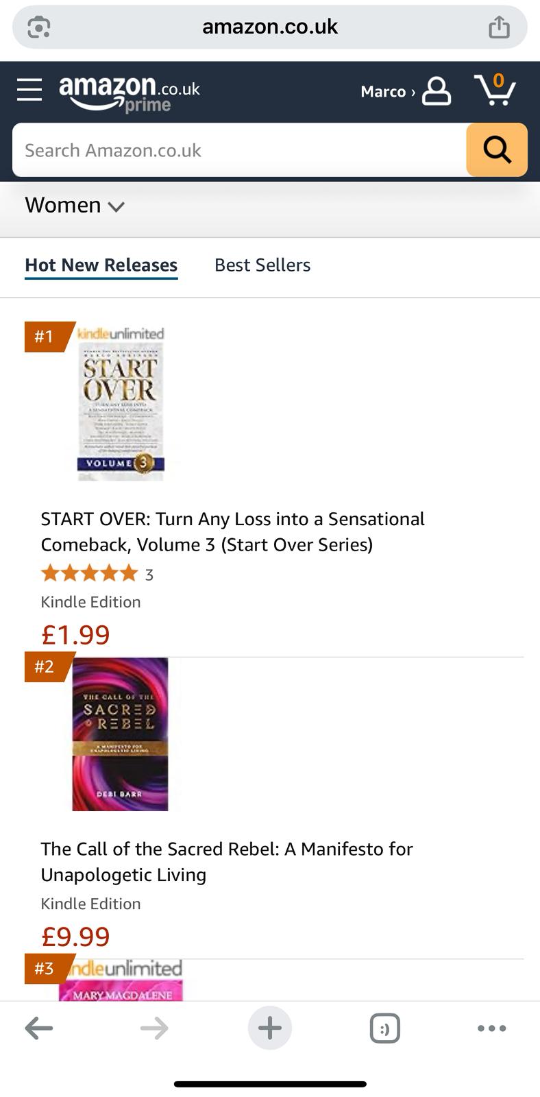 Amazon Hot New Releases chart, Women category, with Start Over Volume 3 at number one