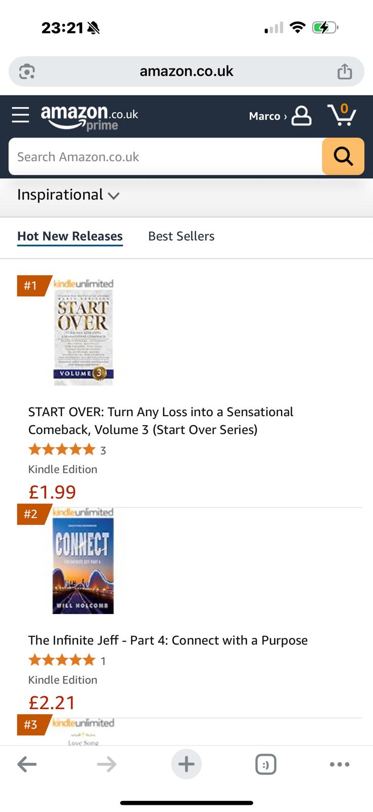 Amazon Hot New Releases chart, Inspirational category, with Start Over Volume 3 at number one