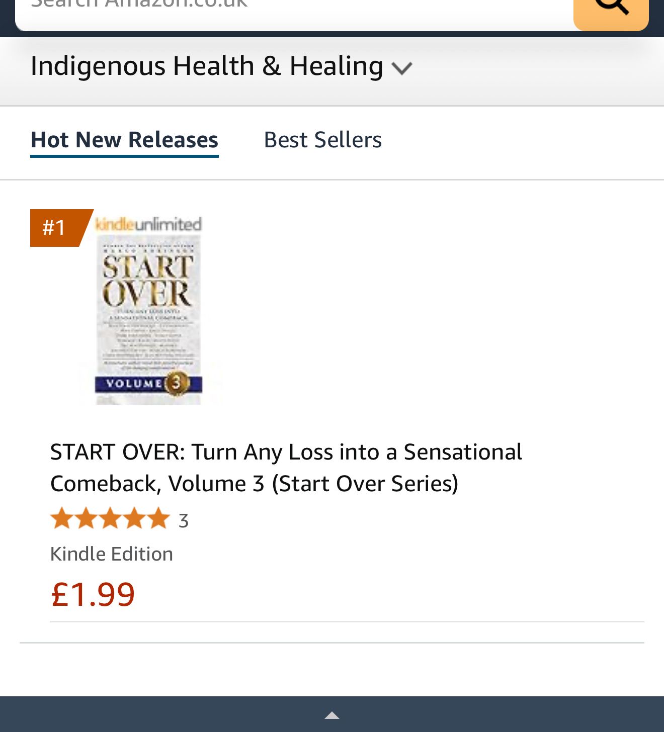 Amazon Hot New Releases chart, Indigenous Health and Healing category, with Start Over Volume 3 at number one