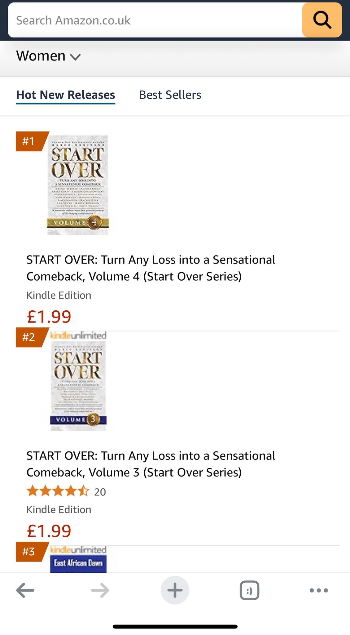 Amazon Hot New Releases chart, Women category, with Start Over Volume 4 at number one and Volume 3 at number two