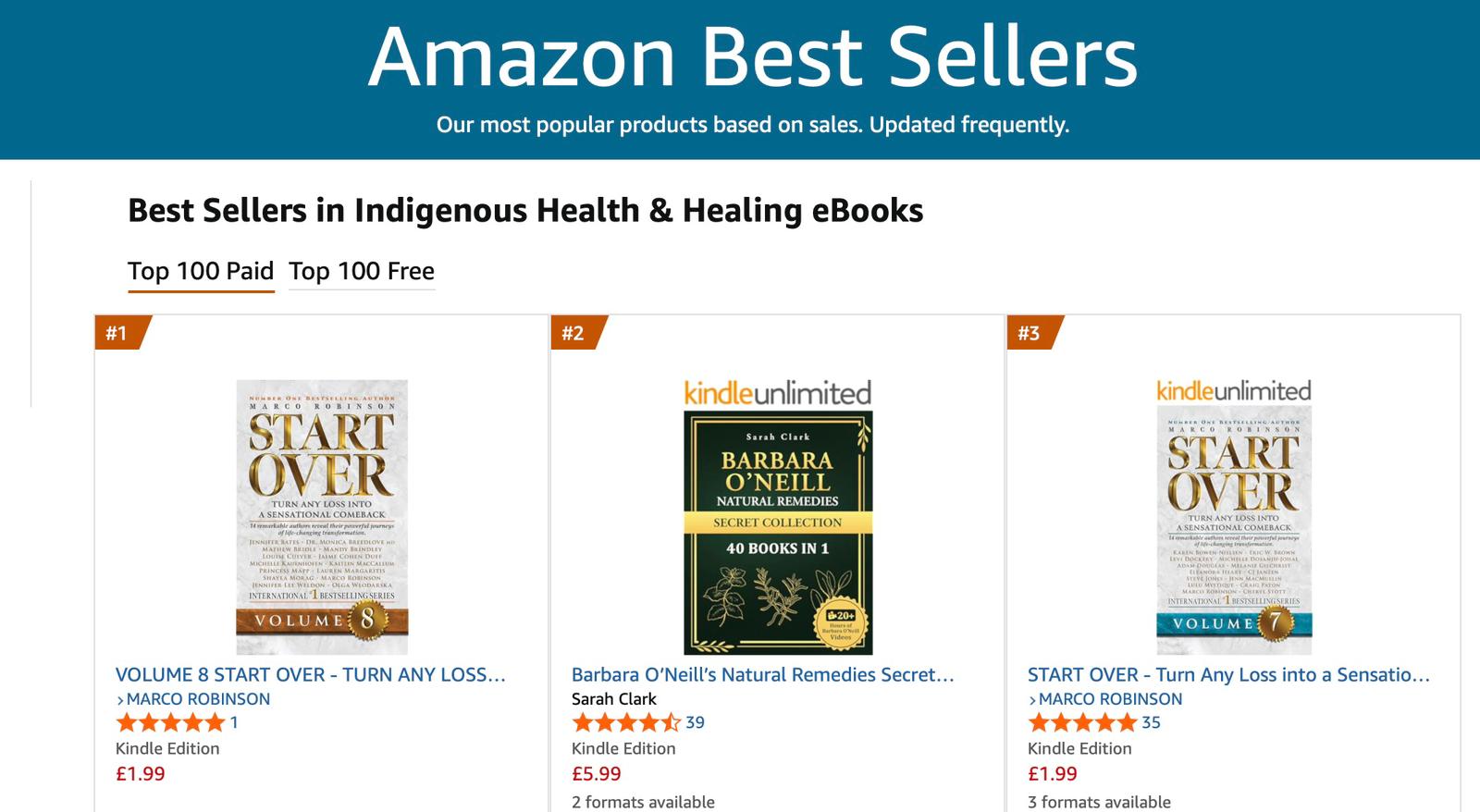 Amazon Best Sellers chart, Indigenous Health and Healing eBooks, with Start Over Volume 8 at number one and Volume 7 at number three