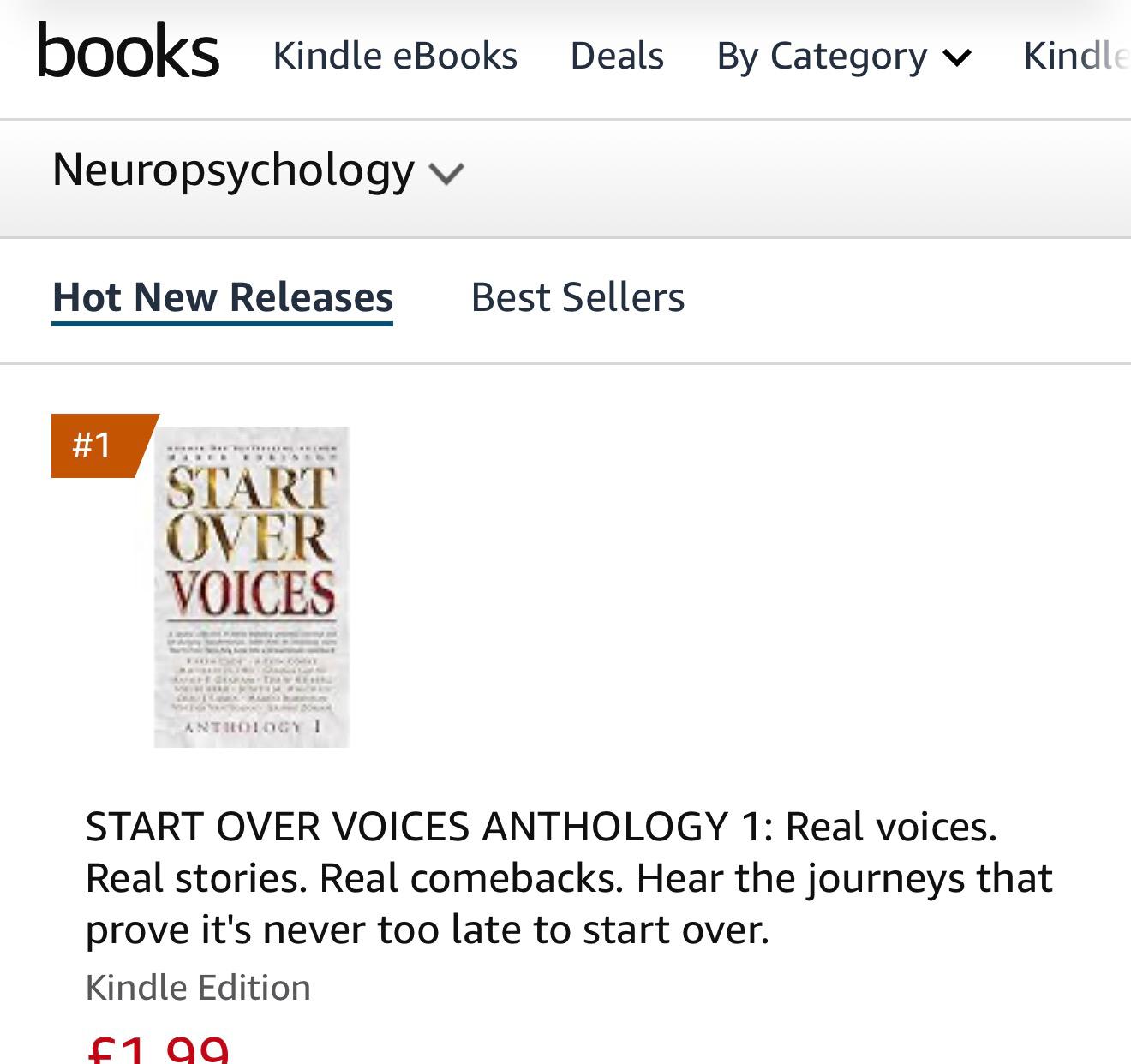 Amazon Hot New Releases chart, Neuropsychology category, with Start Over Voices Anthology 1 at number one