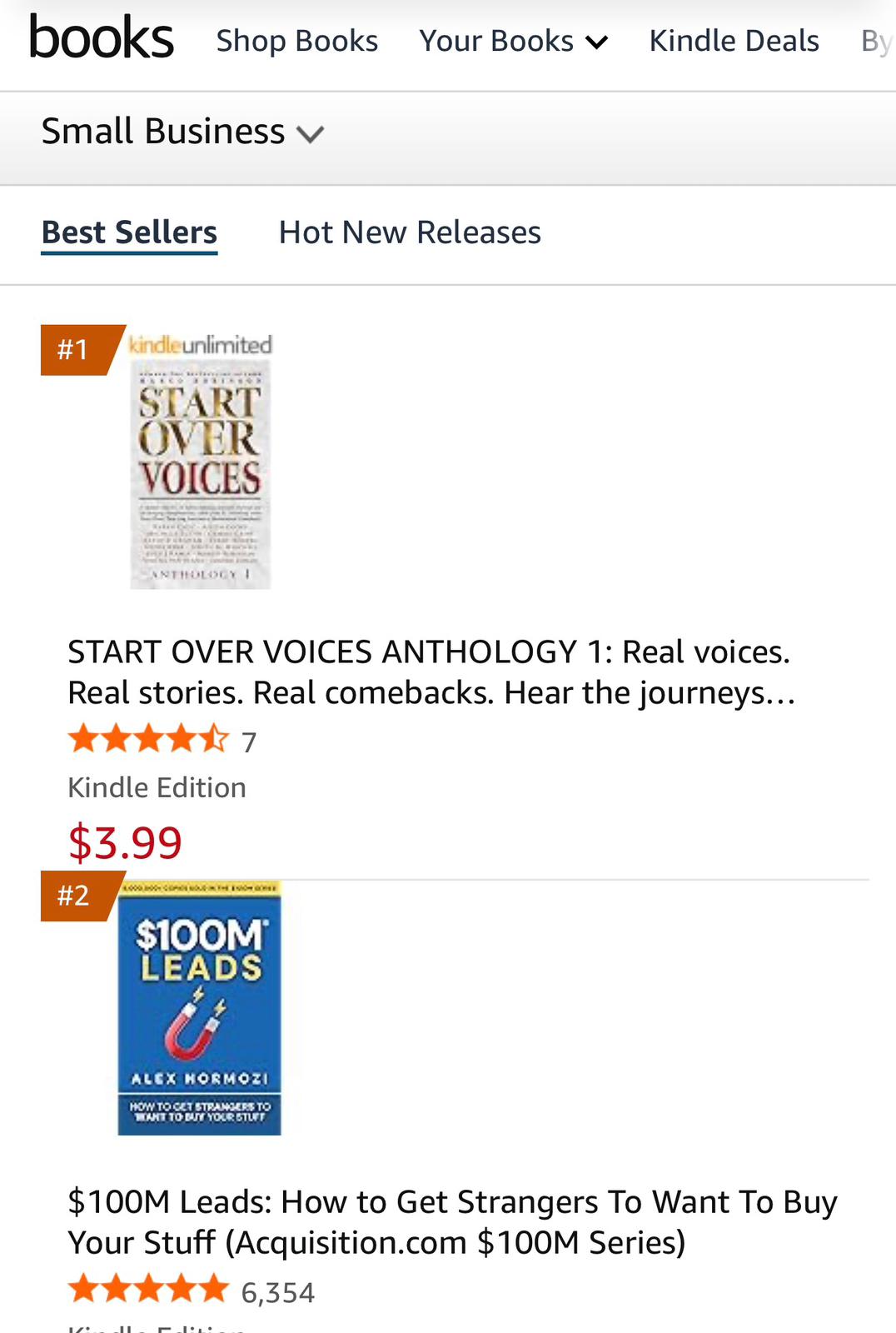 Amazon Best Sellers chart, Small Business category, with Start Over Voices Anthology 1 at number one ahead of 100M Leads