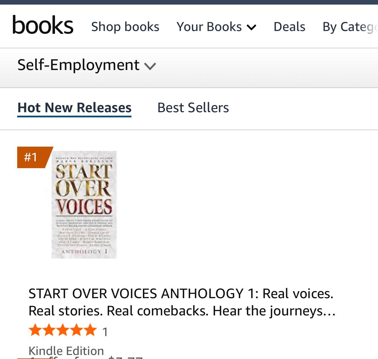 Amazon Hot New Releases chart, Self-Employment category, with Start Over Voices Anthology 1 at number one