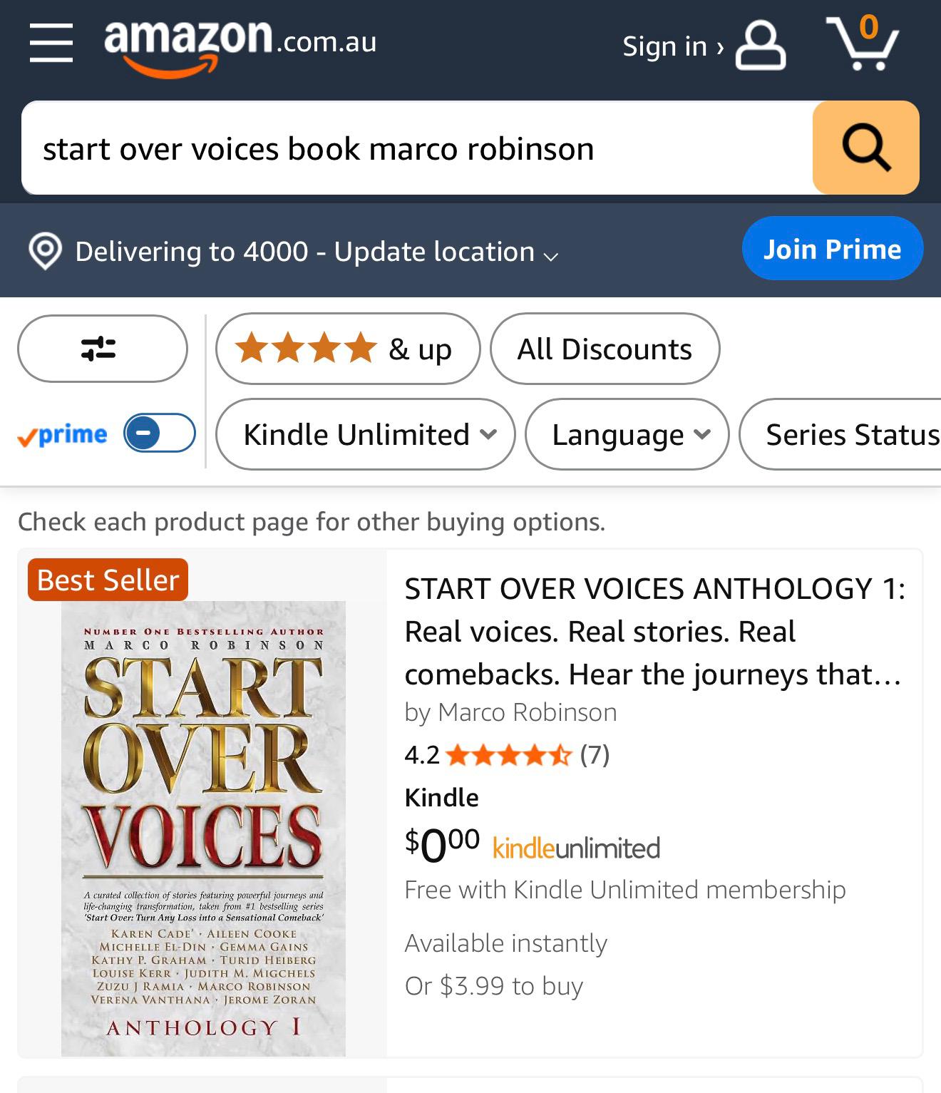 Amazon Australia search result for Start Over Voices Anthology 1 carrying the Best Seller badge