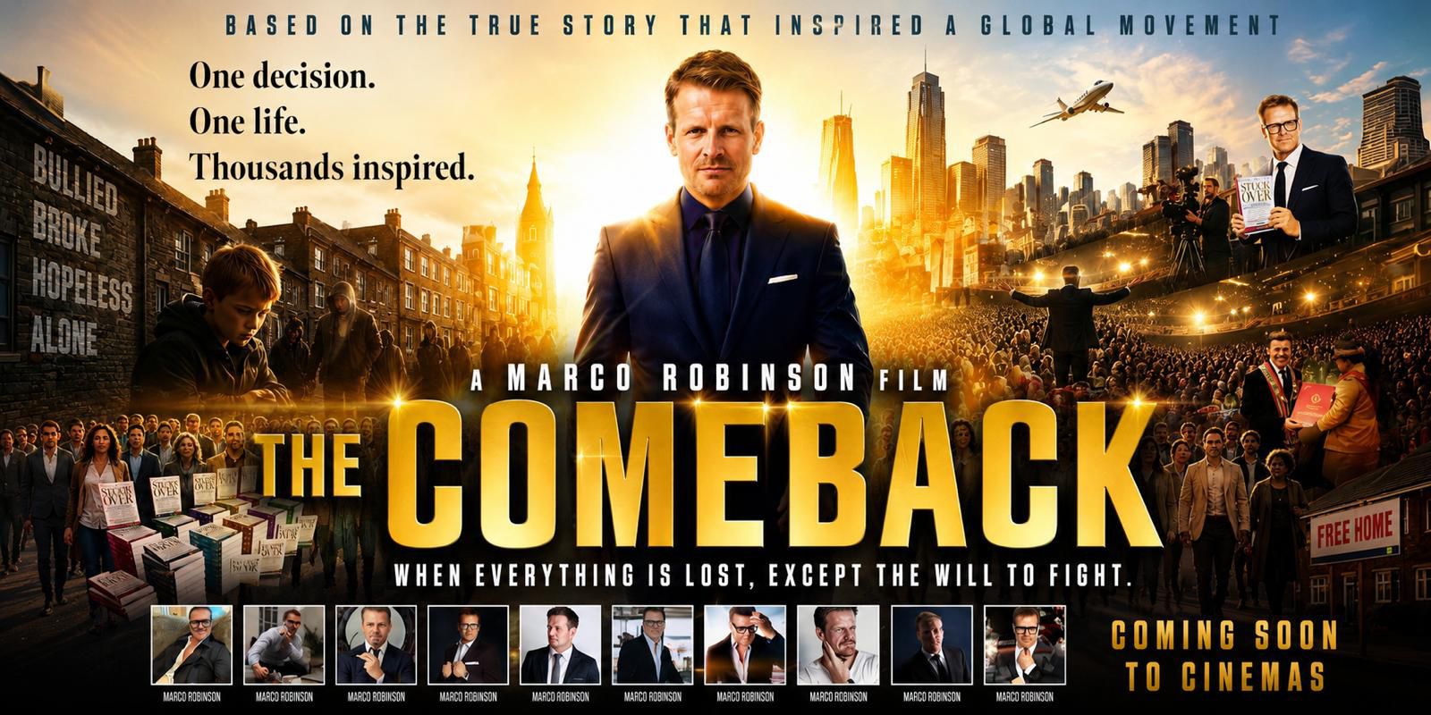 THE COMEBACK official poster. A Marco Robinson film. Based on the true story that inspired a global movement. One decision. One life. Thousands inspired. Coming soon to cinemas.