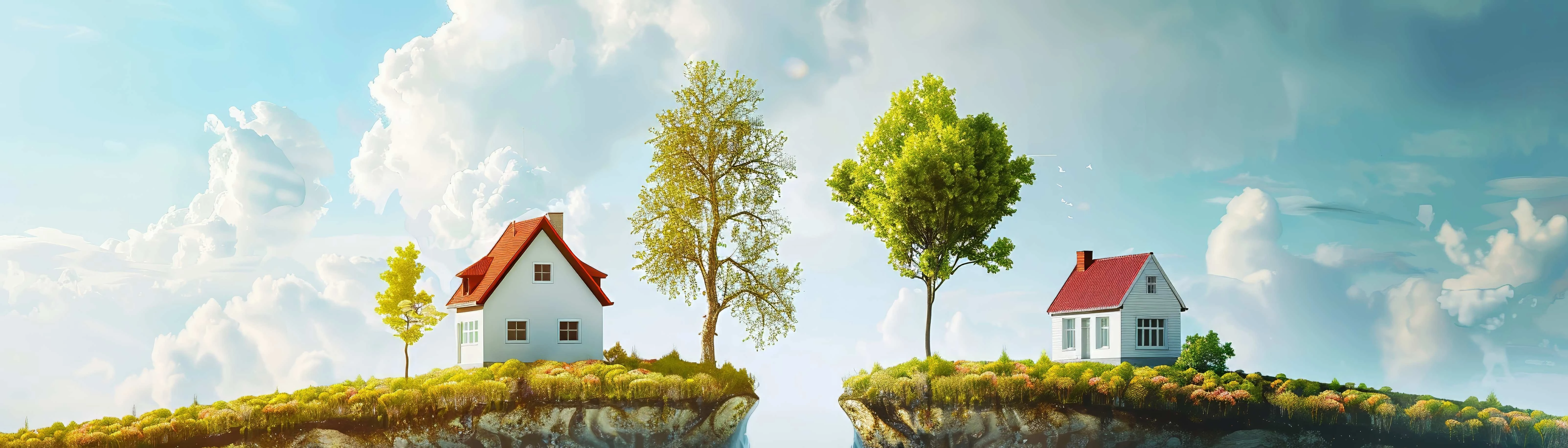 Two small, white houses with red roofs sit on separate, grassy landmasses that appear to float in a vast, light blue expanse dotted with soft, white clouds. Each landmass also has a few trees of varying sizes and shades of green and yellow. The landmasses are separated by a visible gap, suggesting they are individual islands or platforms within this serene, dreamlike landscape. The overall lighting is bright and airy, contributing to the peaceful and somewhat surreal atmosphere.
