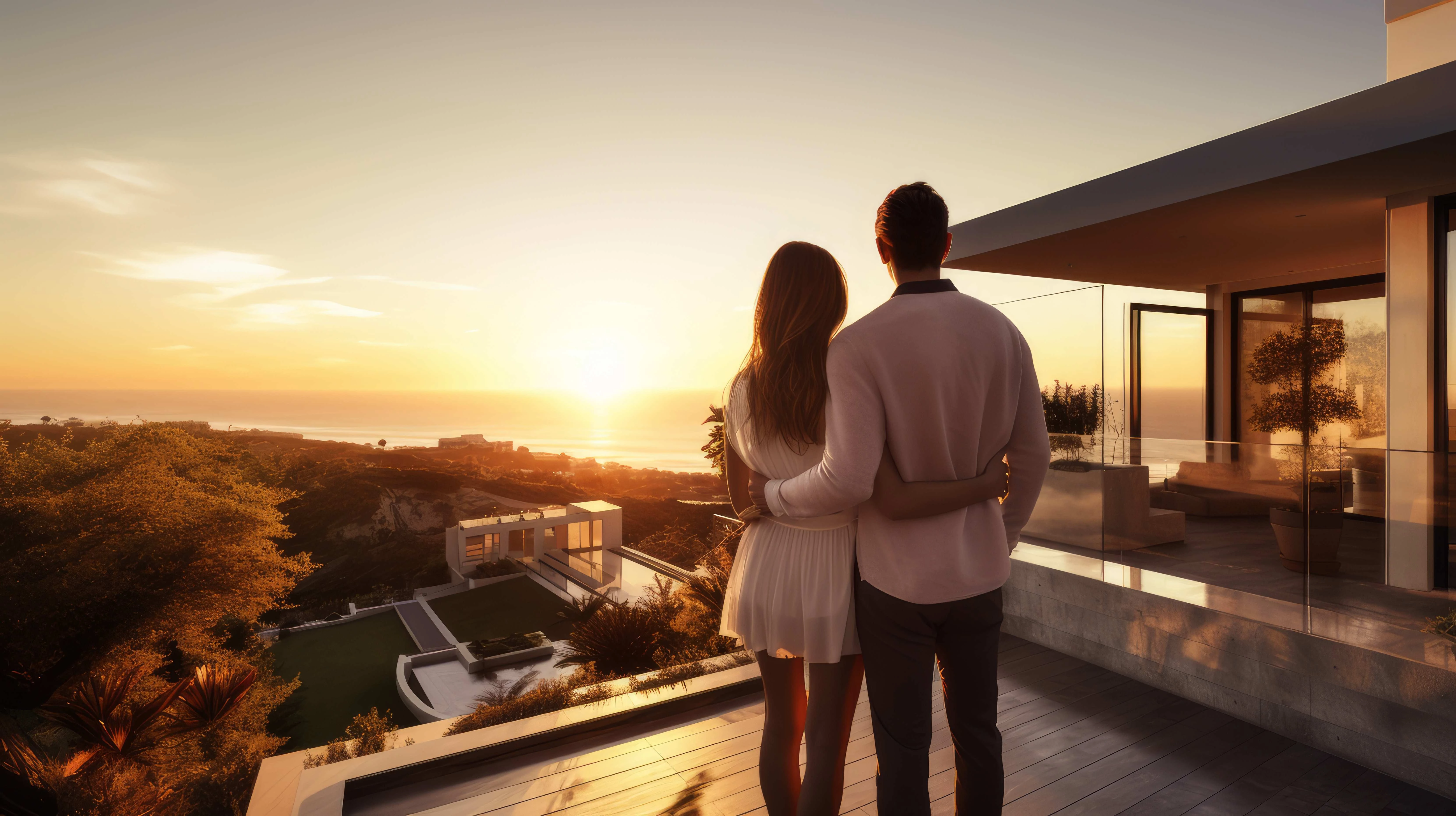 A couple is standing on a modern balcony, their arms wrapped around each other, as they gaze out at a breathtaking sunset over the ocean. The person on the left has long, light brown hair and is wearing a short, light-colored dress. The person on the right has short, dark hair and is wearing a light-colored shirt and dark pants. They are positioned on a sleek, contemporary balcony with glass railings, part of a luxurious modern house that features large glass windows and minimalist furniture visible inside. Below them, the landscape slopes down towards the coastline, revealing lush greenery and another modern house with a pool. The sky is ablaze with warm hues of orange, yellow, and pink as the sun dips towards the horizon, casting a golden glow over the water and the surrounding scenery. The overall atmosphere is romantic and serene, suggesting a moment of shared intimacy and appreciation for the stunning view.