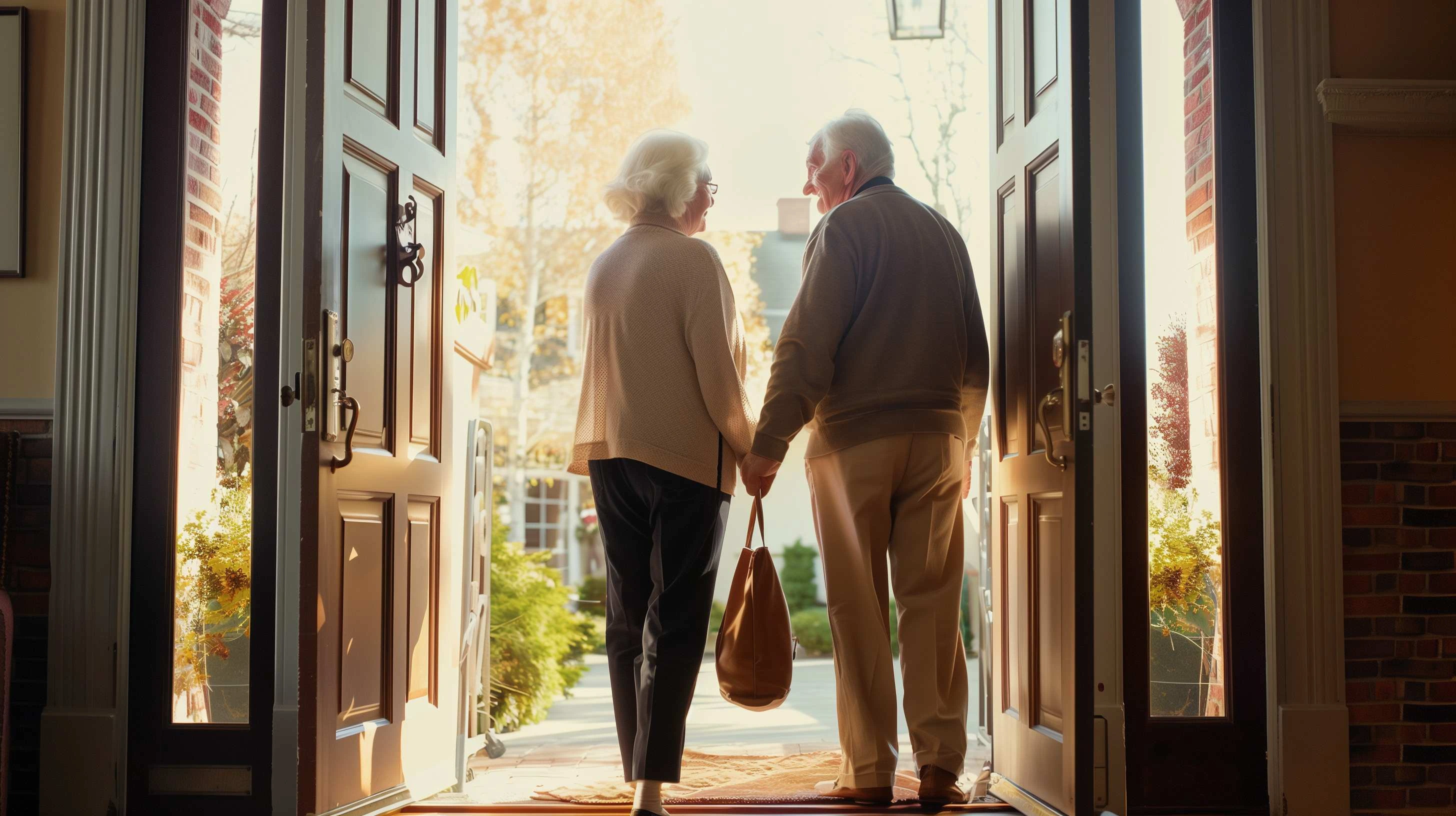 An elderly couple is seen from behind, standing hand-in-hand in the doorway of a home. The person on the left has short, light-colored hair and is wearing a light-colored sweater and dark pants. They are carrying a brown tote bag over their arm. The person on the right has short, grey hair and is wearing a dark-colored sweater and light-colored pants. They are both looking out through the open double doors towards a bright outdoor scene, possibly a garden or a walkway with greenery and trees. The doorway is framed by brickwork and dark-colored door frames. The light from outside illuminates the couple and the threshold of the home, creating a warm and inviting atmosphere. The image suggests a moment of companionship and perhaps departure or arrival at their residence.