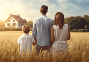 A family of three is seen from behind, standing in a field of tall, golden grass. To the left, a child with short, light brown hair wears a white short-sleeved shirt and holds the hand of an adult in the center. This central figure, possibly a father, has short dark hair and is wearing a light blue button-down shirt and beige pants. To the right, an adult with shoulder-length brown hair wears a light-colored sleeveless dress that ties at the waist. They are all facing away from the viewer, looking towards a white, two-story house with a red roof in the distance. The house has multiple windows and a chimney. The background includes a line of green trees under a partly cloudy sky, with the sun appearing to be setting or rising, casting a warm glow over the scene. The overall impression is one of a peaceful, idyllic family moment in a rural setting.