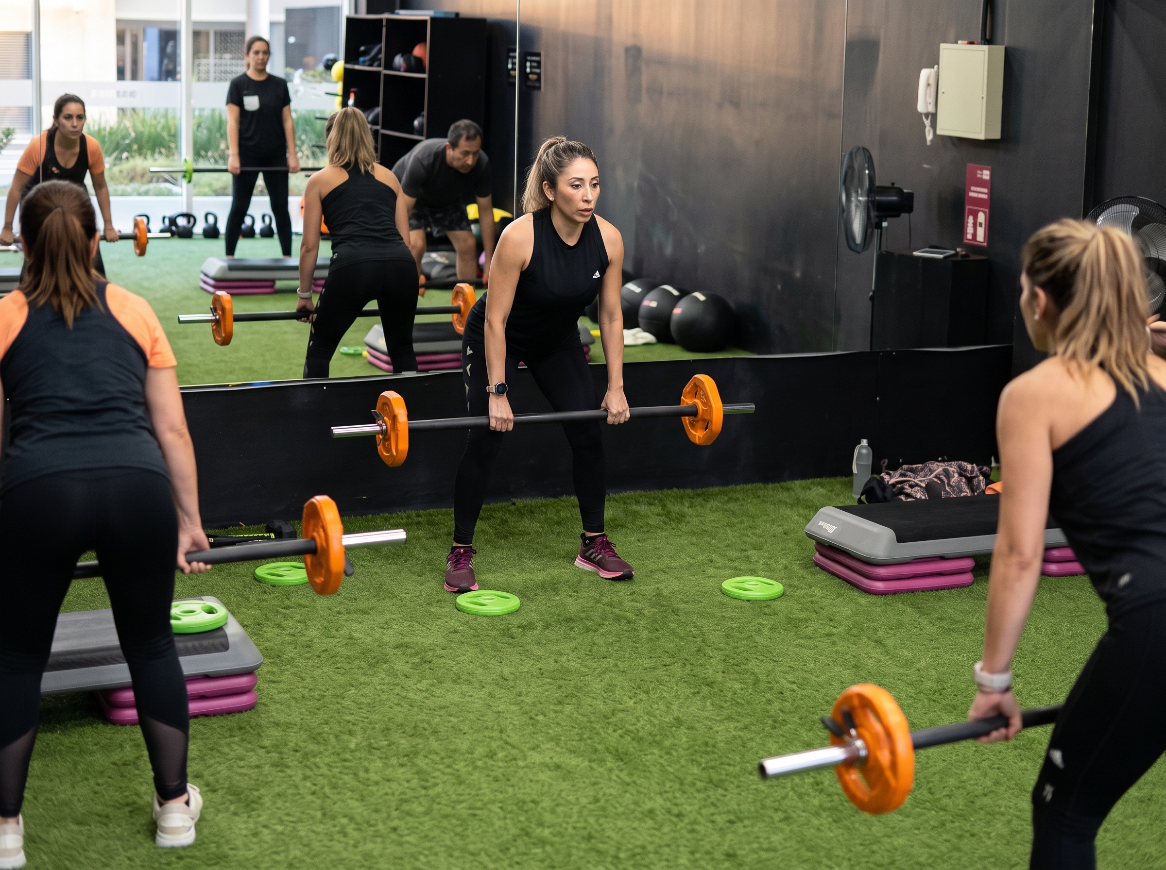 Clase grupal de Body Pump con barras y steps